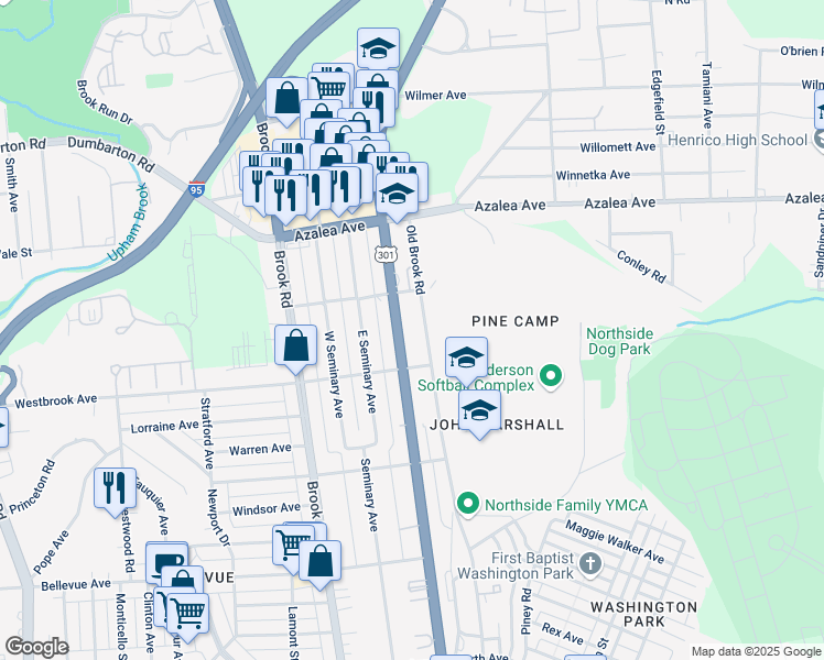 map of restaurants, bars, coffee shops, grocery stores, and more near 4815 Chamberlayne Avenue in Richmond