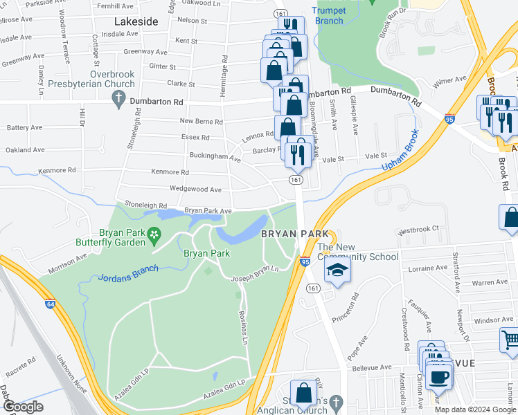map of restaurants, bars, coffee shops, grocery stores, and more near 2203 Wedgewood Avenue in Richmond