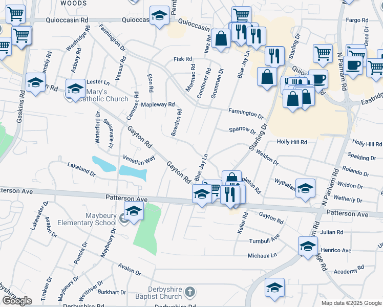 map of restaurants, bars, coffee shops, grocery stores, and more near 9105 Mapleton Road in Richmond