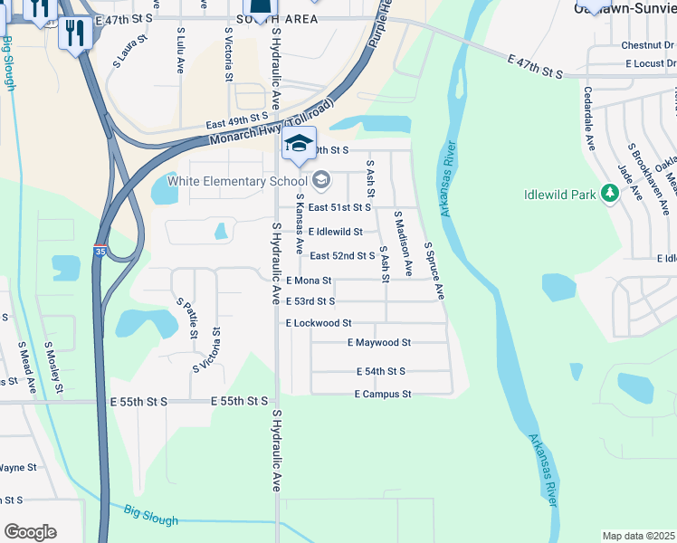 map of restaurants, bars, coffee shops, grocery stores, and more near 1929 East 52nd Street South in Wichita