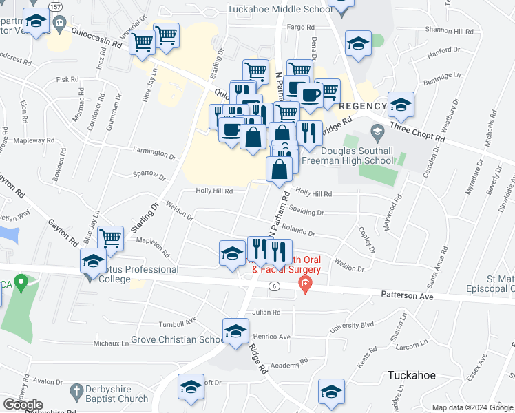map of restaurants, bars, coffee shops, grocery stores, and more near 1304 Saint Michaels Lane in Henrico