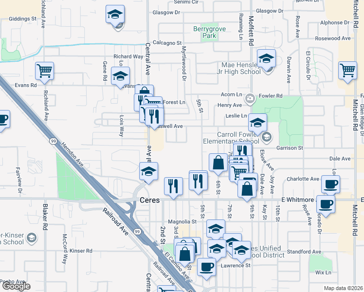map of restaurants, bars, coffee shops, grocery stores, and more near 2013 4th Street in Ceres