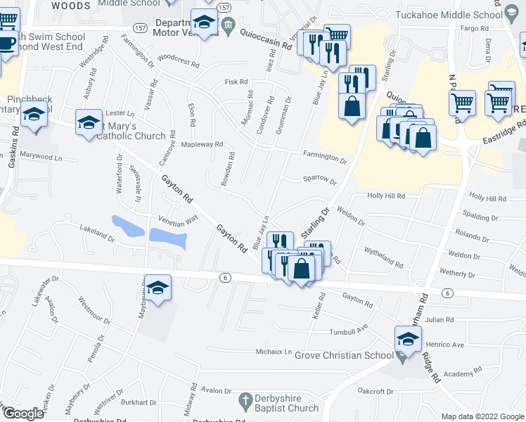 map of restaurants, bars, coffee shops, grocery stores, and more near 1200 Blue Jay Lane in Richmond