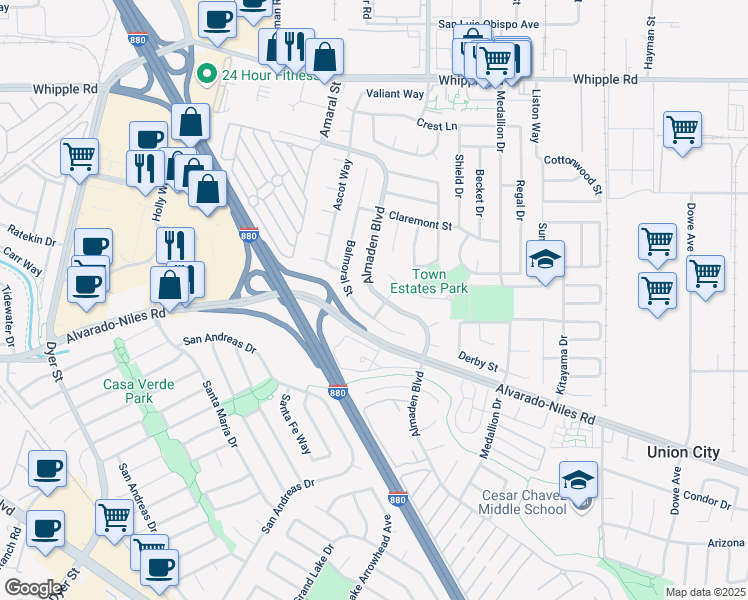 map of restaurants, bars, coffee shops, grocery stores, and more near 2442 Douglas Street in Union City