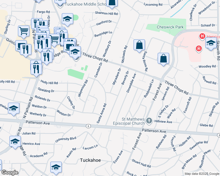 map of restaurants, bars, coffee shops, grocery stores, and more near 1402 Myradare Drive in Henrico
