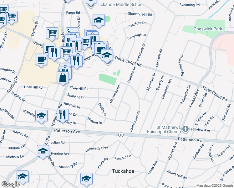 map of restaurants, bars, coffee shops, grocery stores, and more near 1305 Maywood Road in Richmond