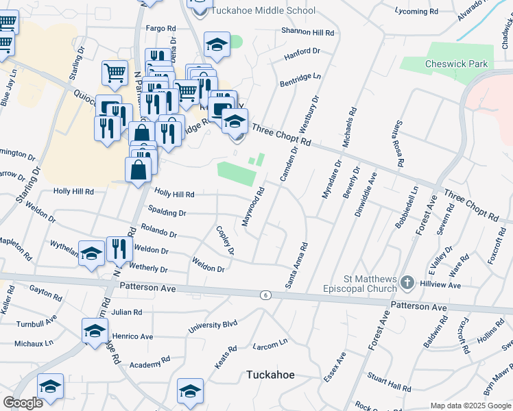 map of restaurants, bars, coffee shops, grocery stores, and more near 1305 Maywood Road in Richmond