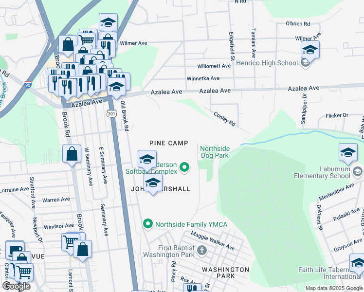 map of restaurants, bars, coffee shops, grocery stores, and more near 800 Forest Lawn Drive in Richmond