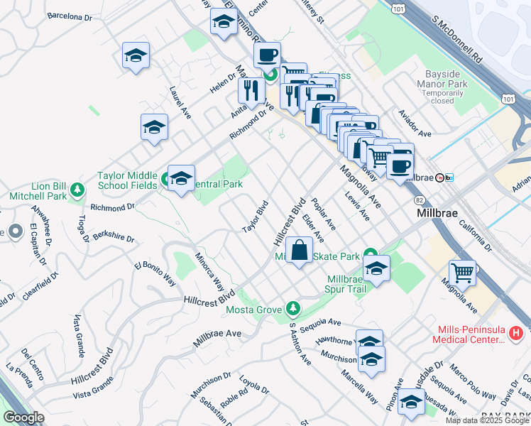 map of restaurants, bars, coffee shops, grocery stores, and more near 541 Taylor Boulevard in Millbrae