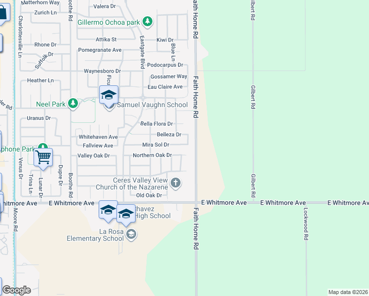 map of restaurants, bars, coffee shops, grocery stores, and more near 2044 Travesia Lane in Ceres