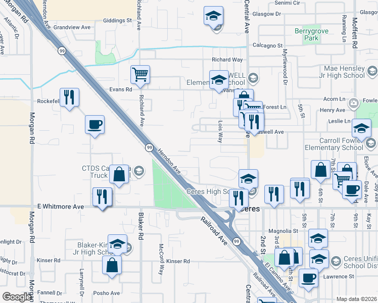 map of restaurants, bars, coffee shops, grocery stores, and more near 1912 Hollister Street in Ceres