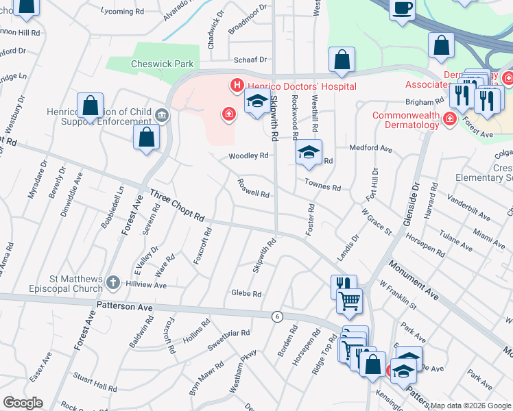 map of restaurants, bars, coffee shops, grocery stores, and more near 7511 Roswell Road in Richmond
