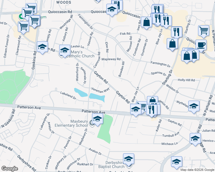 map of restaurants, bars, coffee shops, grocery stores, and more near 9206 Gayton Road in Richmond