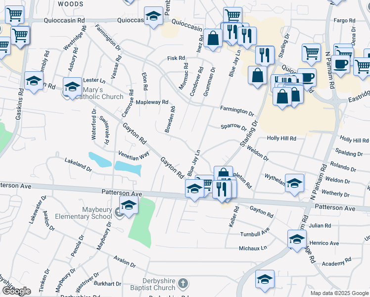 map of restaurants, bars, coffee shops, grocery stores, and more near 9105 Mapleton Road in Richmond