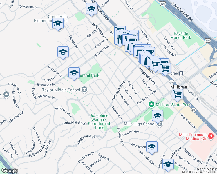 map of restaurants, bars, coffee shops, grocery stores, and more near 541 Taylor Boulevard in Millbrae