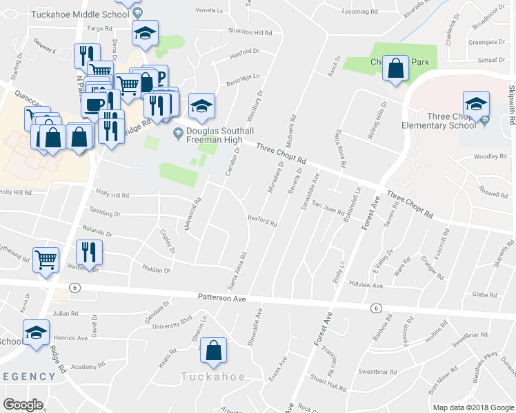 map of restaurants, bars, coffee shops, grocery stores, and more near 1402 Myradare Drive in Henrico