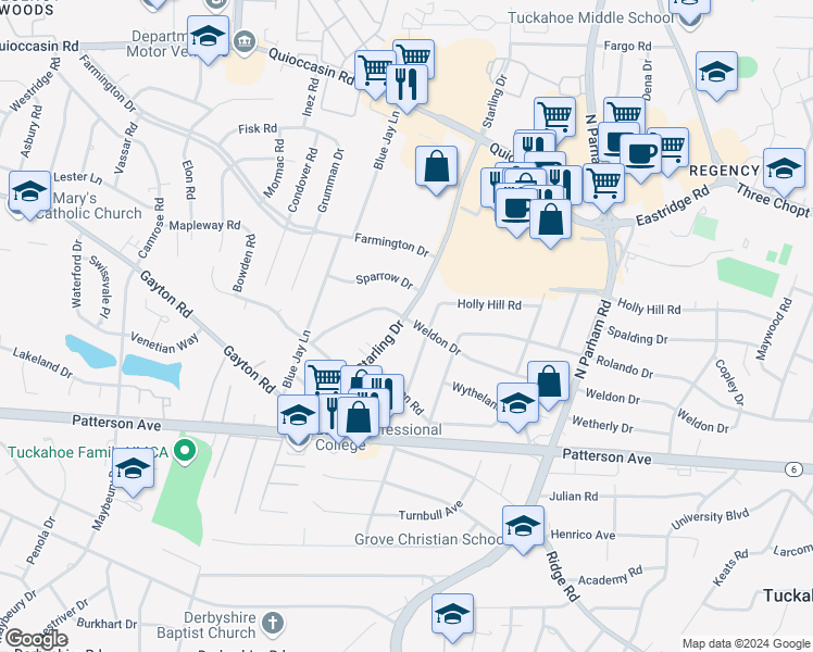 map of restaurants, bars, coffee shops, grocery stores, and more near 1219 Starling Drive in Henrico