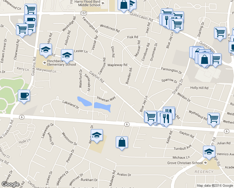 map of restaurants, bars, coffee shops, grocery stores, and more near 9200 Gayton Road in Henrico
