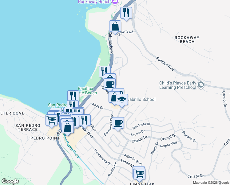 map of restaurants, bars, coffee shops, grocery stores, and more near 680 Roberts Road in Pacifica