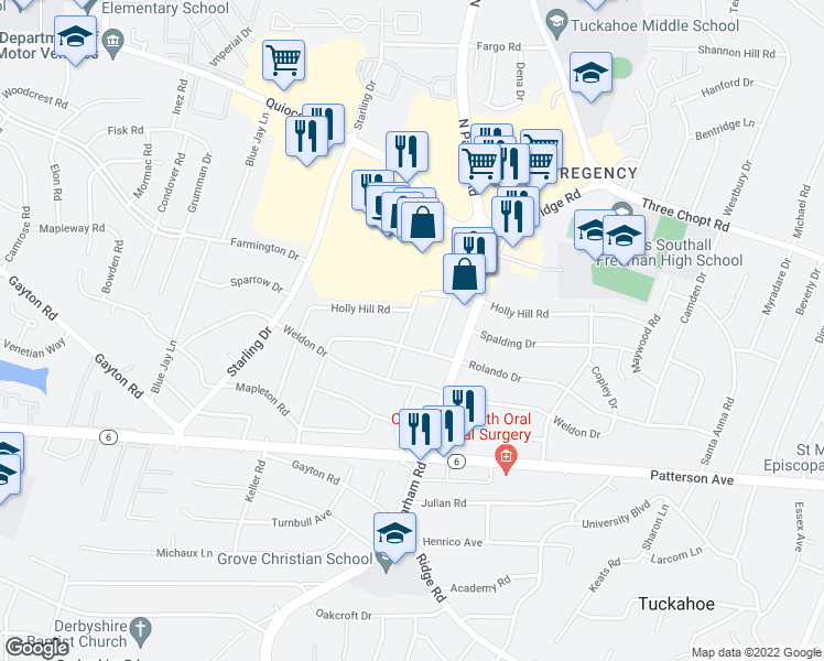 map of restaurants, bars, coffee shops, grocery stores, and more near 1305 Townley Road in Richmond