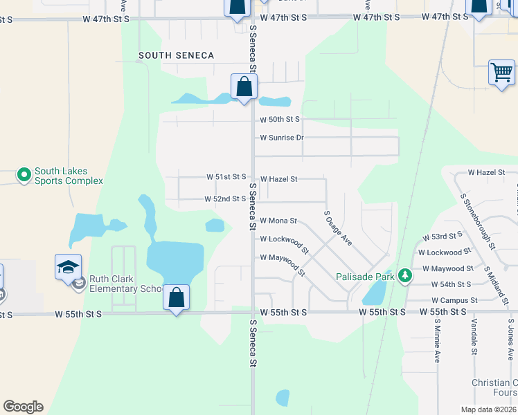 map of restaurants, bars, coffee shops, grocery stores, and more near 1000-1098 W 52nd St S in Wichita