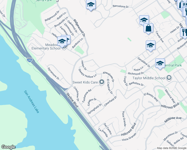 map of restaurants, bars, coffee shops, grocery stores, and more near 1111 Sleepy Hollow Lane in Millbrae