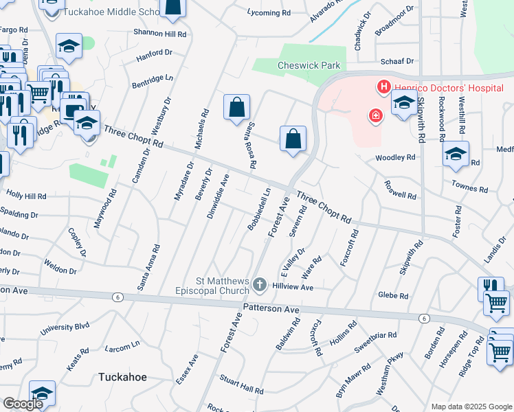 map of restaurants, bars, coffee shops, grocery stores, and more near 1402 Bobbiedell Lane in Richmond