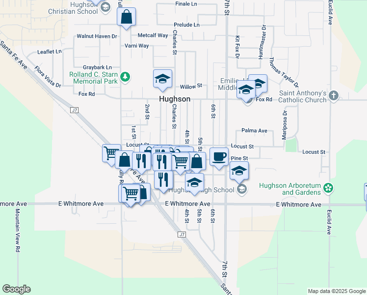 map of restaurants, bars, coffee shops, grocery stores, and more near 2201 4th Street in Hughson