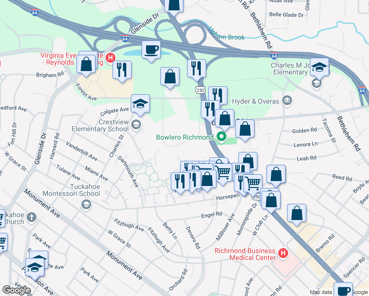map of restaurants, bars, coffee shops, grocery stores, and more near 6531 West Broad Street in Richmond