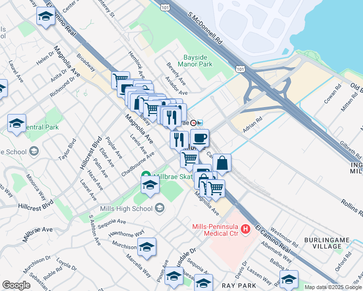 map of restaurants, bars, coffee shops, grocery stores, and more near 113 El Camino Real in Millbrae