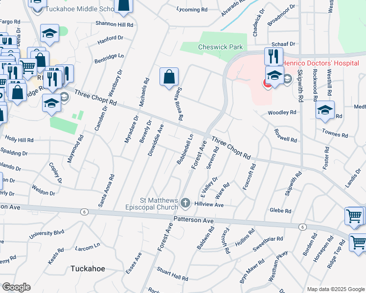 map of restaurants, bars, coffee shops, grocery stores, and more near 1402 Bobbiedell Lane in Richmond
