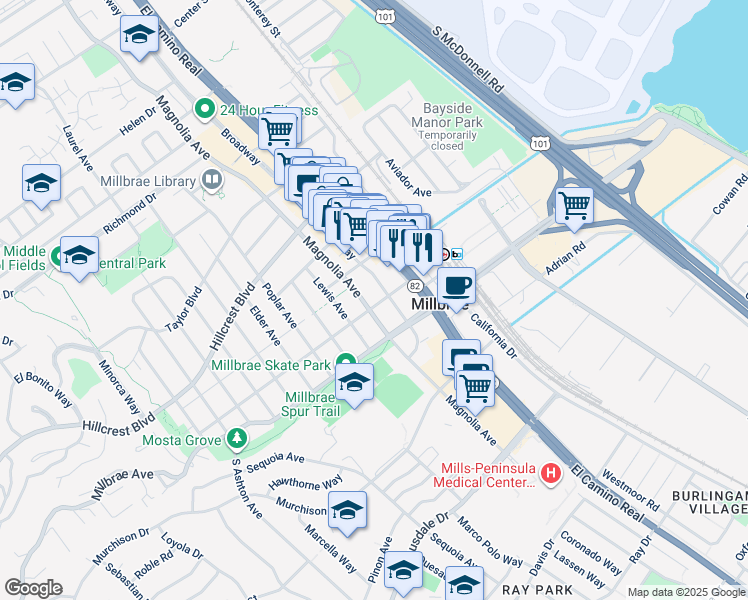 map of restaurants, bars, coffee shops, grocery stores, and more near 100 Broadway in Millbrae