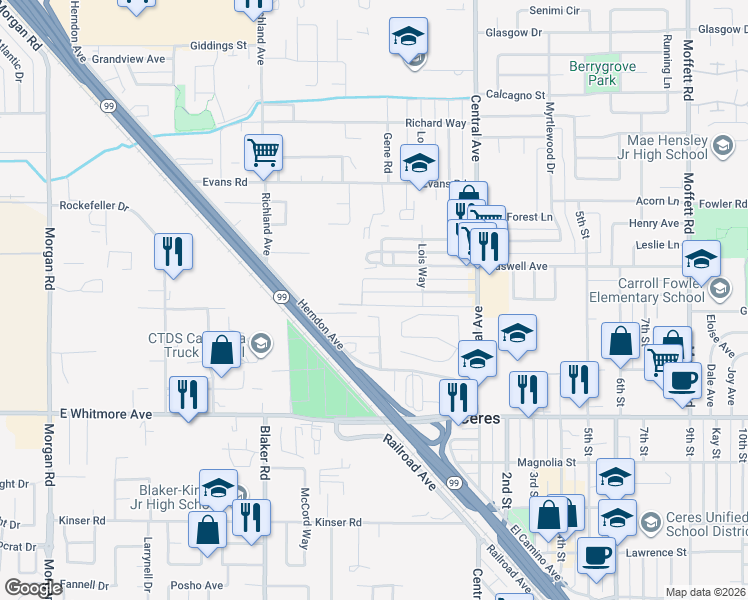 map of restaurants, bars, coffee shops, grocery stores, and more near 1912 Hollister Street in Ceres