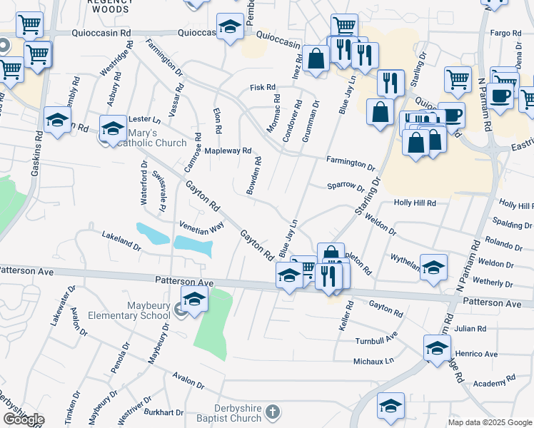 map of restaurants, bars, coffee shops, grocery stores, and more near 9109 Mapleton Road in Richmond