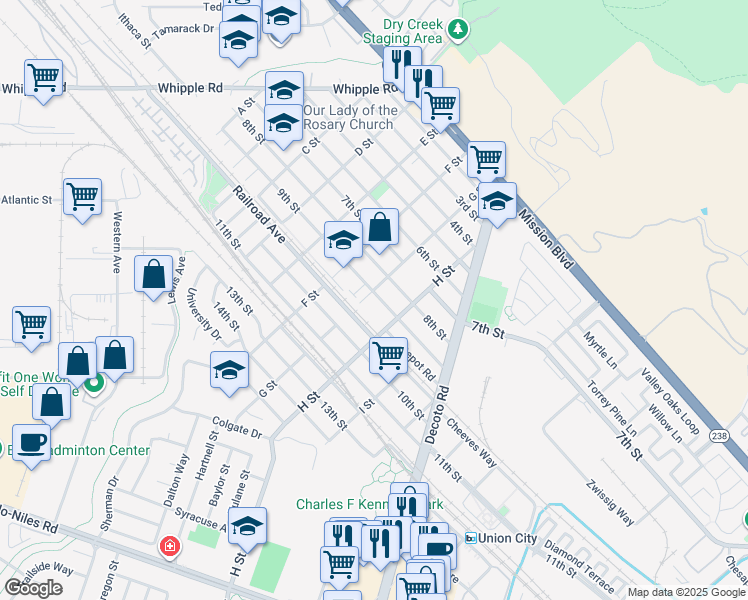 map of restaurants, bars, coffee shops, grocery stores, and more near 902 G Street in Union City