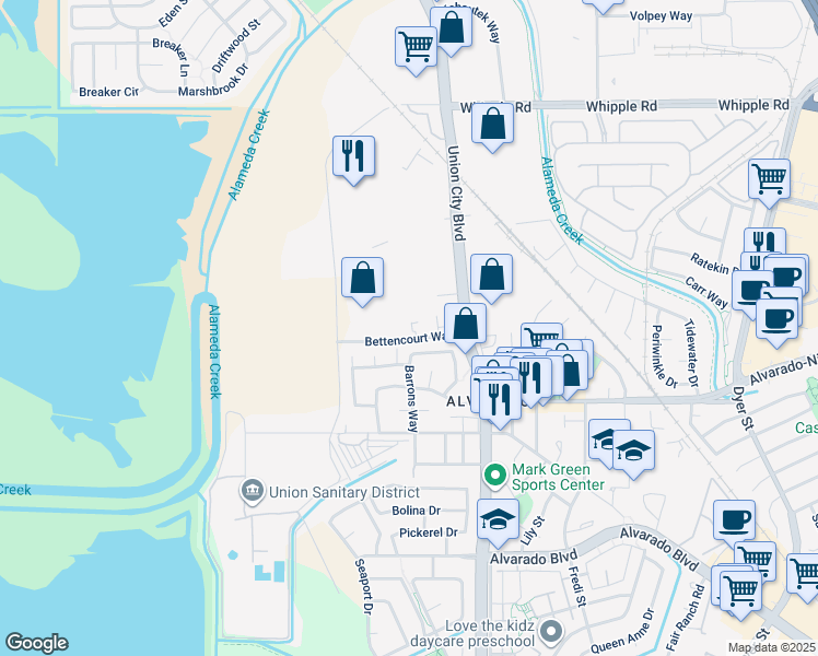 map of restaurants, bars, coffee shops, grocery stores, and more near 4301 Bettencourt Way in Union City