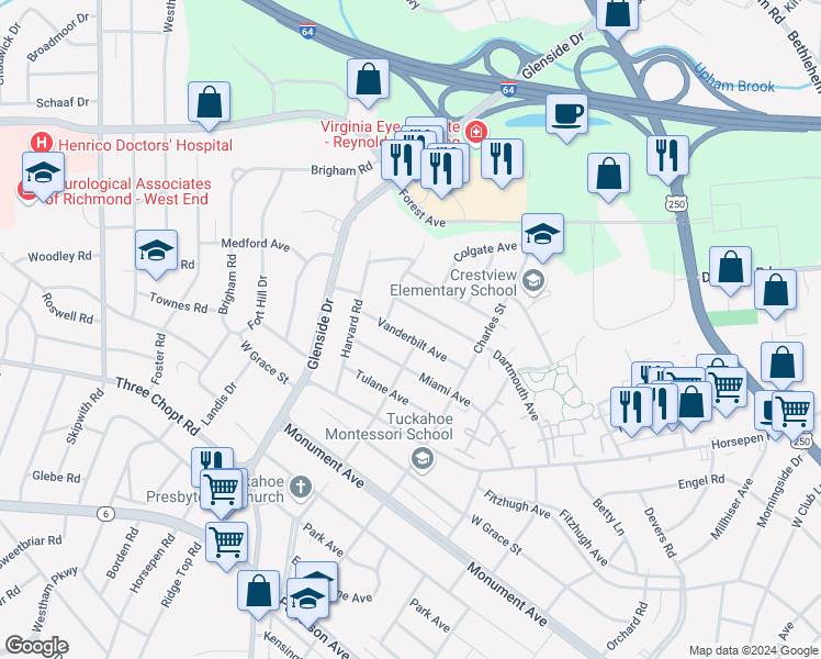 map of restaurants, bars, coffee shops, grocery stores, and more near 6924 Vanderbilt Avenue in Richmond