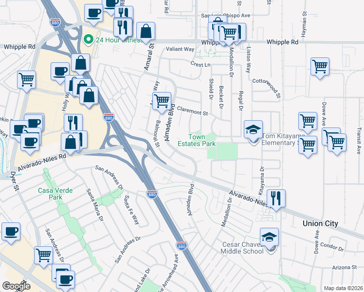 map of restaurants, bars, coffee shops, grocery stores, and more near 2442 Douglas Street in Union City
