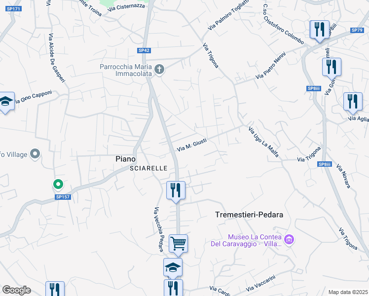 map of restaurants, bars, coffee shops, grocery stores, and more near 165 Via Etnea in Pedara