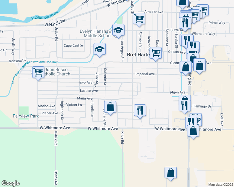 map of restaurants, bars, coffee shops, grocery stores, and more near 800 Lassen Avenue in Modesto