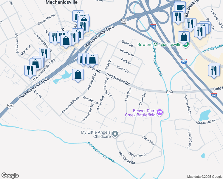 map of restaurants, bars, coffee shops, grocery stores, and more near 7438 Tack Room Drive in Mechanicsville