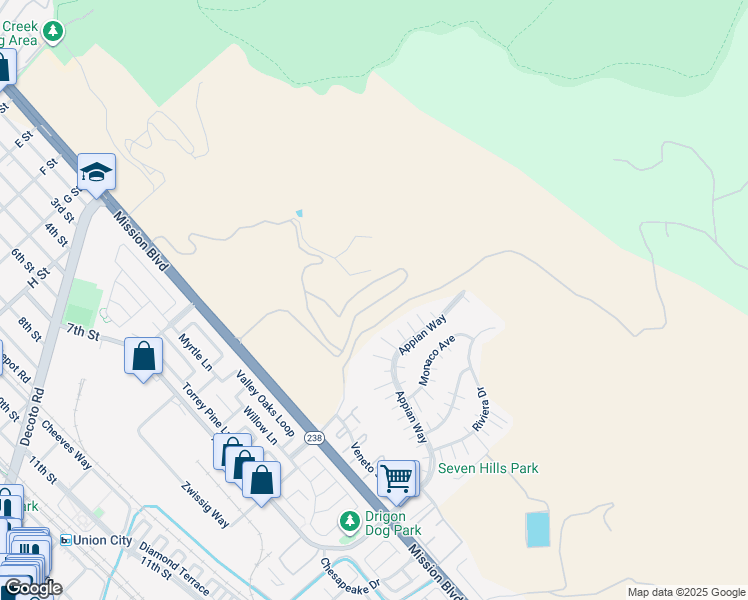 map of restaurants, bars, coffee shops, grocery stores, and more near 34400 Mission Boulevard in Union City