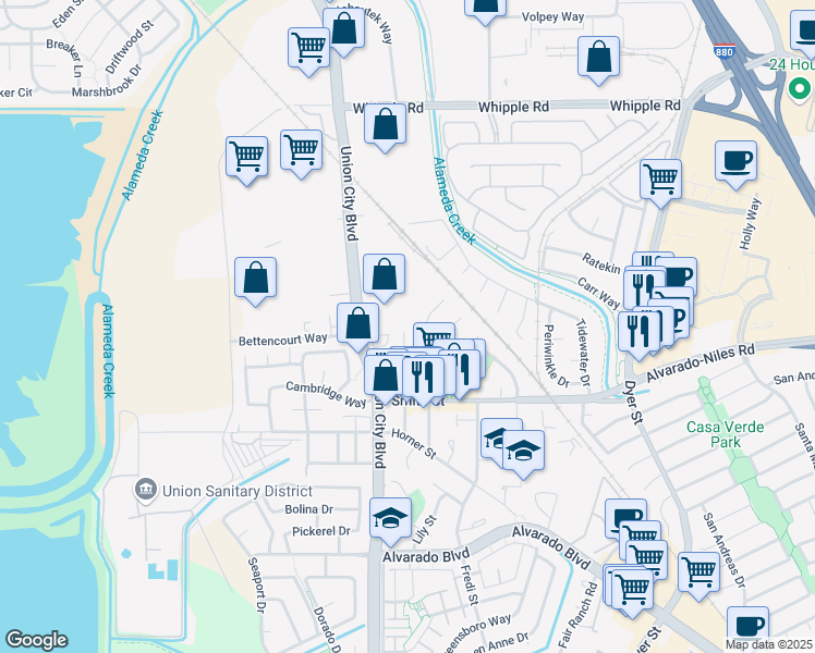 map of restaurants, bars, coffee shops, grocery stores, and more near 30544 Union City Boulevard in Union City