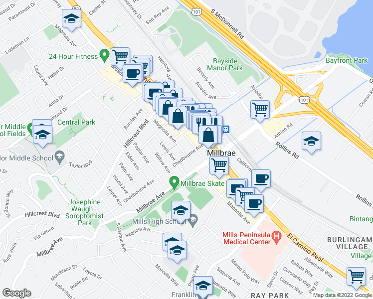 map of restaurants, bars, coffee shops, grocery stores, and more near 100 Broadway in Millbrae
