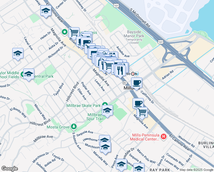 map of restaurants, bars, coffee shops, grocery stores, and more near 145 Magnolia Avenue in Millbrae