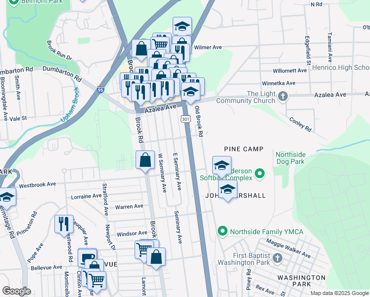 map of restaurants, bars, coffee shops, grocery stores, and more near 4815 Chamberlayne Avenue in Richmond