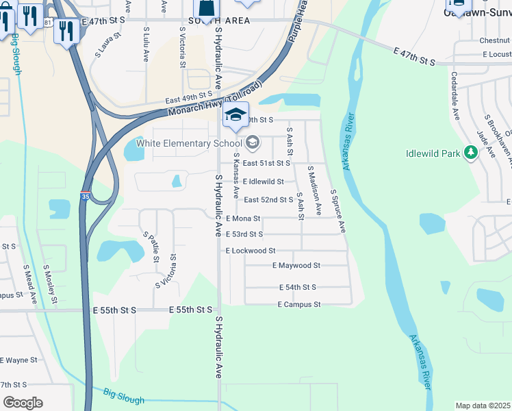 map of restaurants, bars, coffee shops, grocery stores, and more near 1817 East 52nd Street South in Wichita
