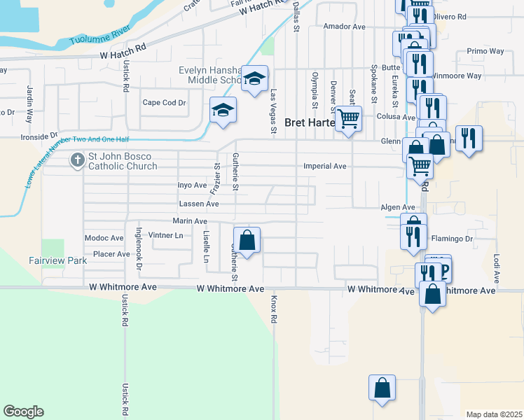 map of restaurants, bars, coffee shops, grocery stores, and more near 800 Lassen Avenue in Modesto