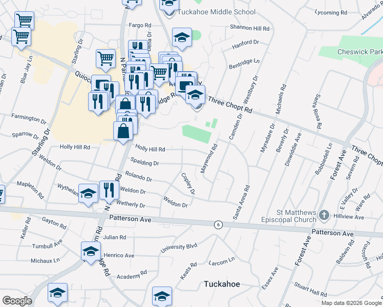 map of restaurants, bars, coffee shops, grocery stores, and more near 8411 Holly Hill Road in Richmond
