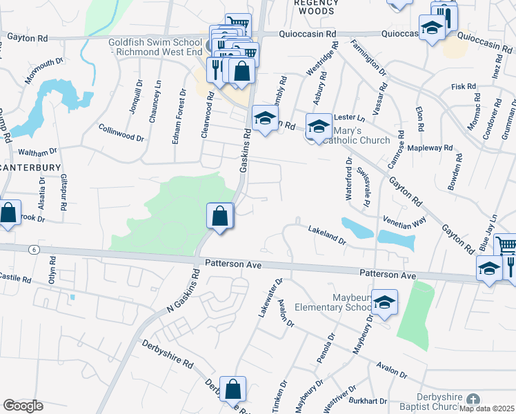 map of restaurants, bars, coffee shops, grocery stores, and more near 1217 Gaskins Road in Henrico